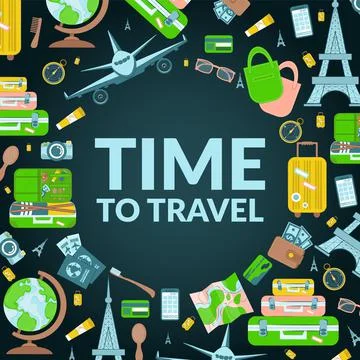 Travel vector template design with text and travel elements in colorful backg Stock Illustration