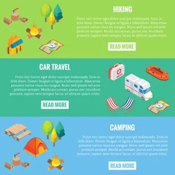 Travel web banner. Camping objects in vector isometric style. Flat 3d isometric Illustrazione stock