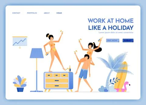 Travel website with theme of work at home like holiday. travel to tropical is Ilustração Stock