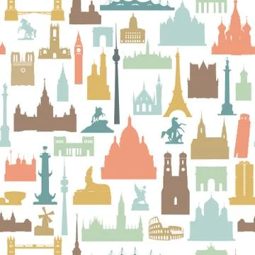 Travel world landmarks tile pattern. Travel sight icon set Stock Illustration