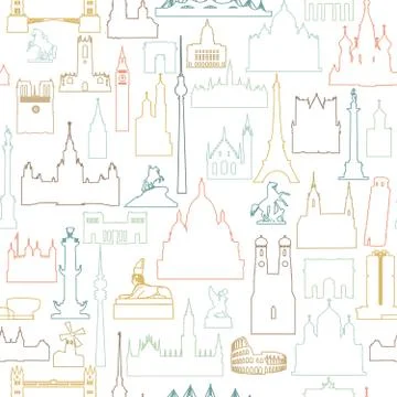 Travel world landmarks tile pattern. Travel sight icon set Stock Illustration