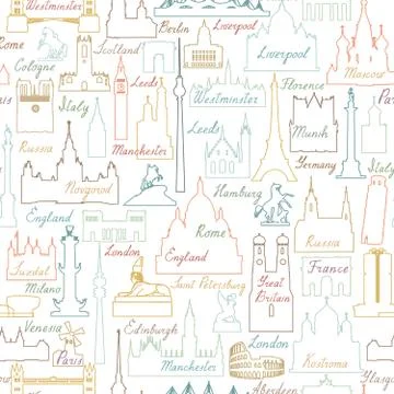Travel world landmarks tile pattern. Travel sight icon set Stock Illustration
