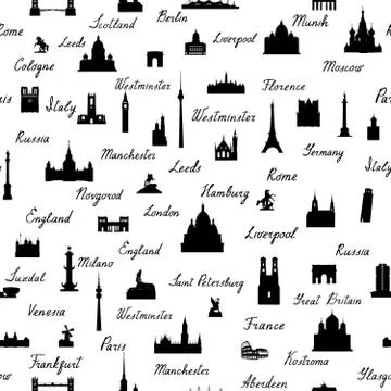 Travel world landmarks tile pattern. Travel sight icon set Stock Illustration