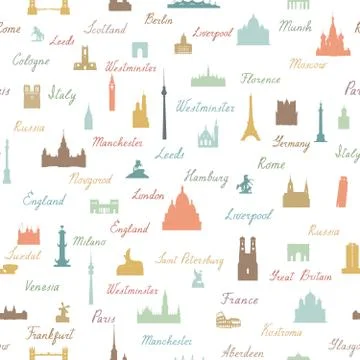 Travel world landmarks tile pattern. Travel sight icon set Stock Illustration