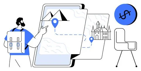 Traveler with Backpack Exploring Digital Map Landmarks and Navigation Symbols 스톡 일러스트