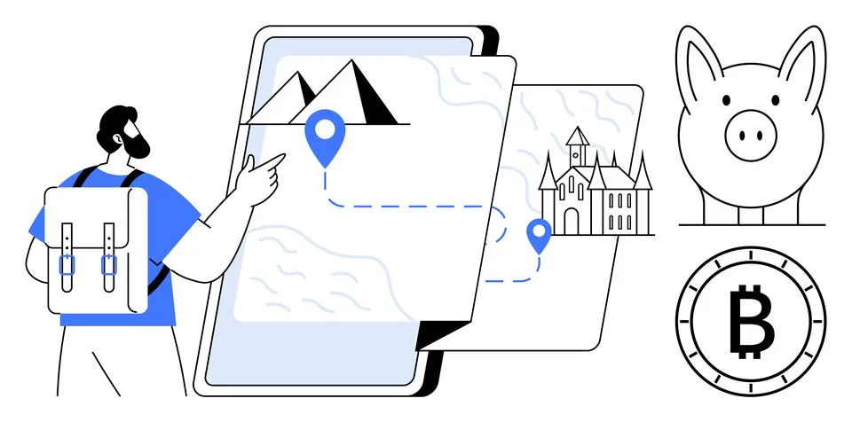 Traveler with Backpack Exploring Map on Tablet, Piggy Bank, and Facade of H.. 스톡 일러스트
