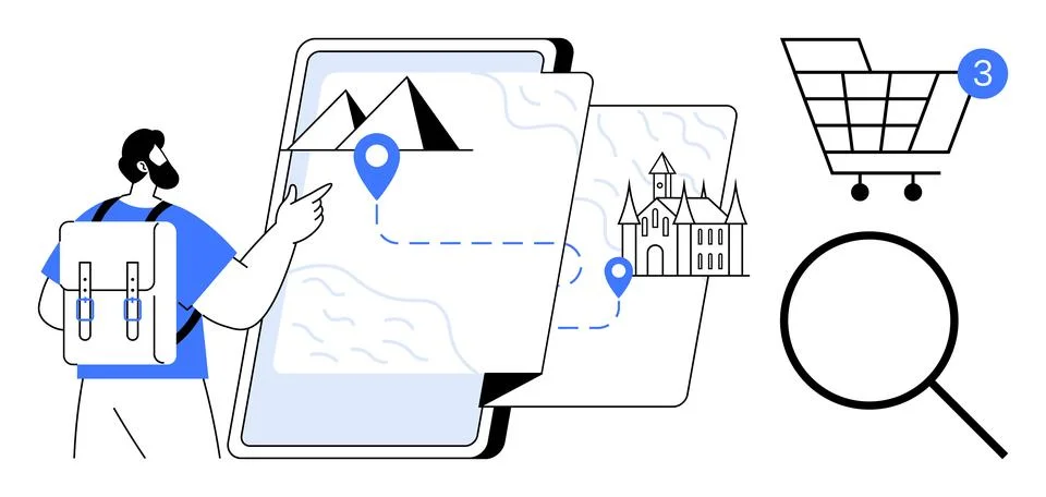 Traveler with backpack interacting with a tablet displaying a map with locati Stock Illustration