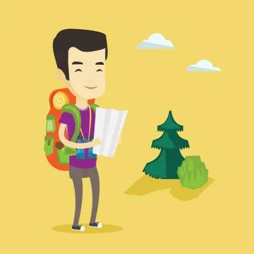 Traveler with backpack looking at map Illustrazione stock