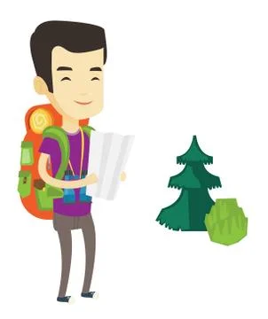 Traveler with backpack looking at map Illustrazione stock
