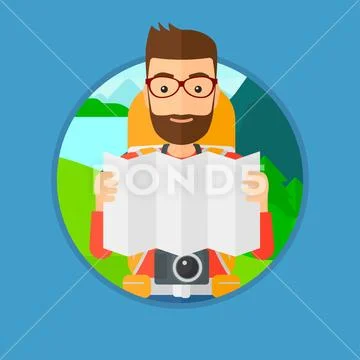 Traveler with backpack looking at map. Stock Illustrationen