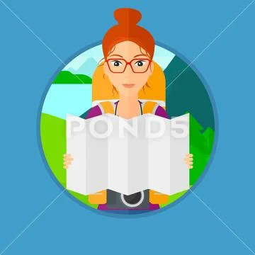Traveler with backpack looking at map. Stock Illustration