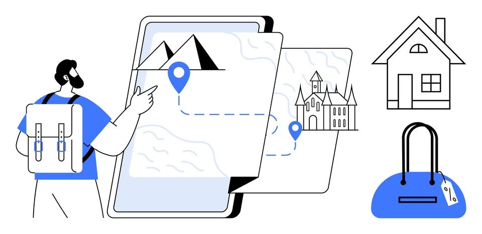 Traveler with backpack pointing at digital map showing mountain, path towards Stock Illustration