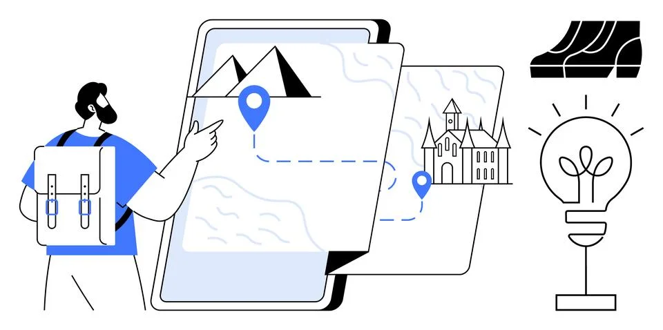 Traveler with backpack pointing at digital map with mountain and landmark des Stock Illustration