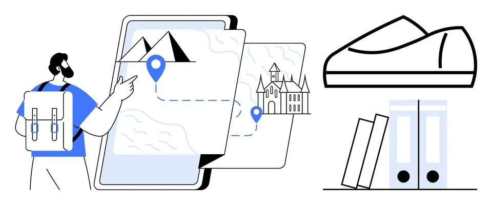 Traveler with backpack points at digital map showing route between mountains  Stock Illustration