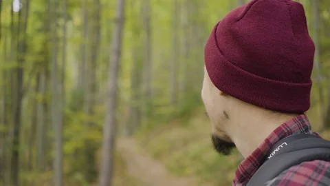 Traveler With Backpack on Trail in Deep Forest, Slow Motion Stock Footage 108623866