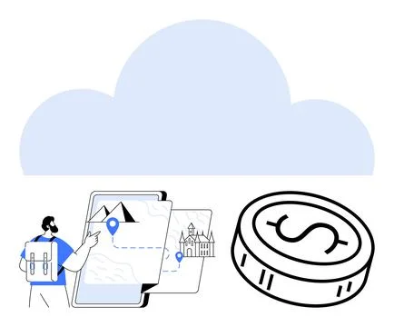 Traveler with backpack using tablet for navigation, large cloud icon in backg 스톡 일러스트