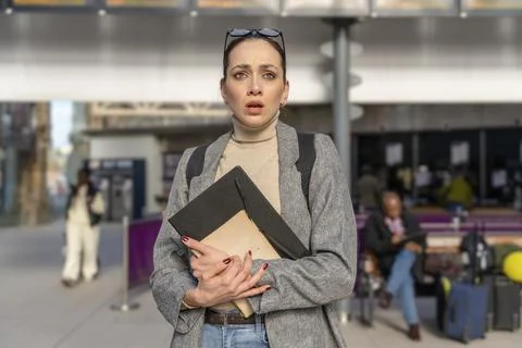Traveler with a backpack waiting for a train at the train station. Woman mi.. Stock Photos