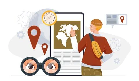 Traveler checking digital world map.. Vector illustration Illustrazione stock