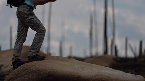 Traveler climbing on a rock with backpack, using phone for navigation Video stock 345887125