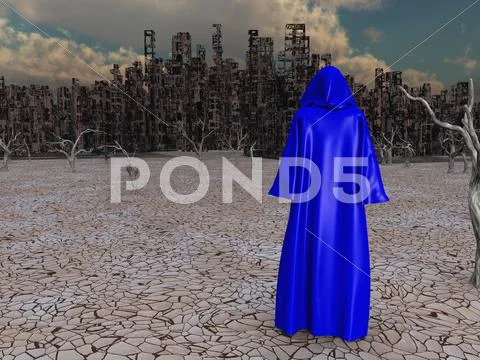 Traveler before the destroyed city Stock Illustration