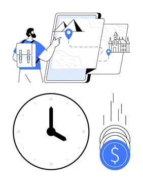 Traveler Exploring Digital Map with Mountain and Castle Locations, Clock and 스톡 일러스트
