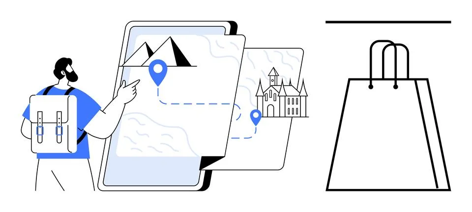 Traveler Exploring Digital Map on Tablet with Shopping Bag Icon 스톡 일러스트