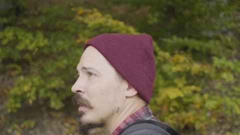 Traveler Going By Trail With Backpack In The Forest, Slow Motion Stock Footage 108598646