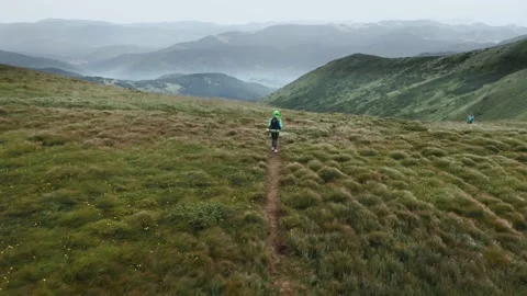 Traveler hiker with backpack goes alone hiking on a mountain trail, backpacker Stock Footage