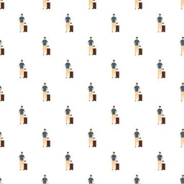 Traveler man with suitcase repeating pattern on white background Stock Illustration