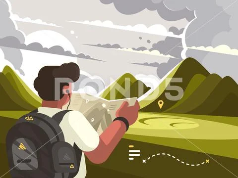 Traveler with map planning route to mountains Stock Illustrationen
