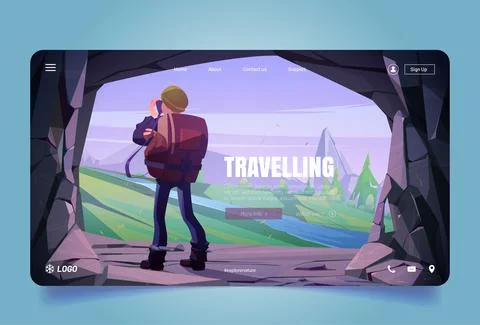 Traveler at mountain cave exit making picture Stock Illustration