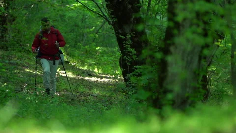 Traveler Moving Through Forest. Focus Shift from Grass to Traveler 動画素材 308968255