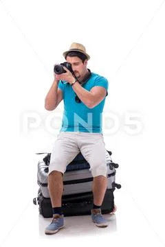 Traveler with much luggage isolated on white background Stock Photos