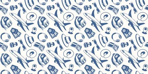 Traveler seamless pattern with airplane, backpack, hat, sunglasses, camera, neck 库存插图