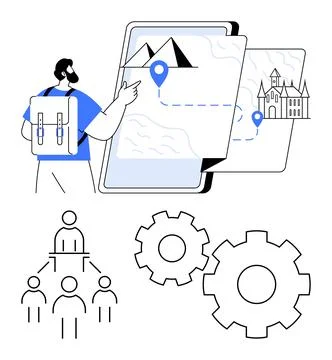 Traveler using map on smartphone to plan route between mountain and castle,.. 스톡 일러스트