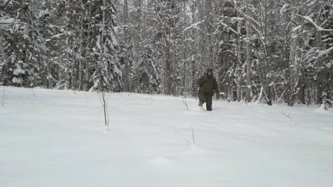 Traveler in the winter forest Stock Footage 148391302