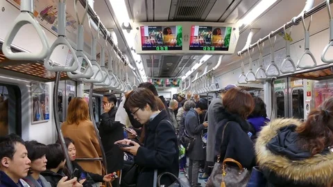 Travelers Commuters Korean People Traveling On Seoul Underground Subway Train Stock Footage