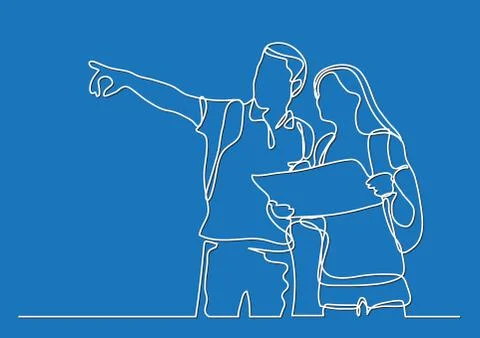 Travelers learning map - continuous line drawing Stock Illustration