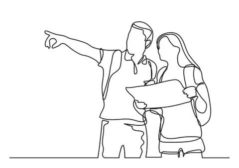 Travelers learning map - continuous line drawing Stock Illustration
