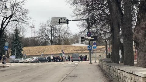 Travelers standing in queue at Narva border crossing between Estonia and Russia Stock Footage 311269241