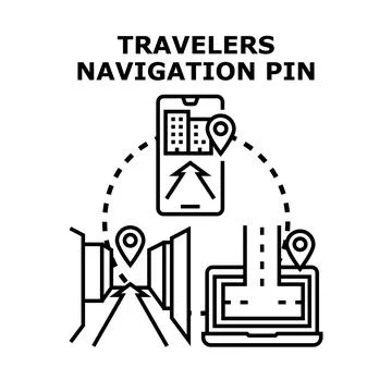 Travelers using digital navigation pin for trip planning Stock Illustration