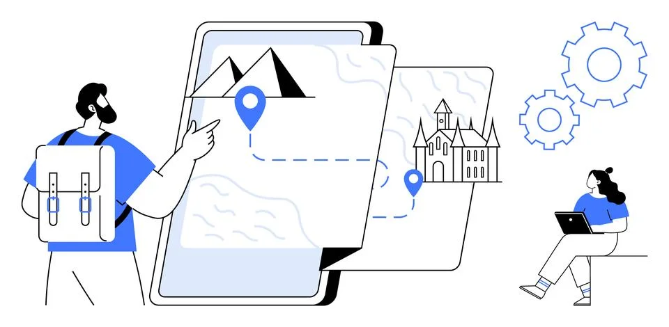 Travelers using digital tablet with map and route planning to explore landm.. イラスト素材