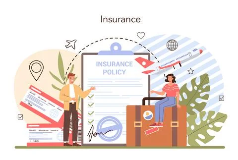 Traveling abroad concept. Visa application approving and insurance Stock Illustration