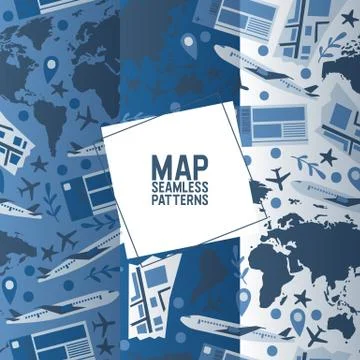 Traveling concept set of seamless patterns vector illustration. Travel textile Stockillustratie