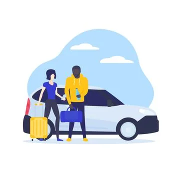 Traveling couple using carsharing app, vector Stock Illustration