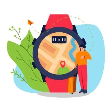 Traveling man looking at the map through a smartwatch flat illustration concept  Stock Illustration