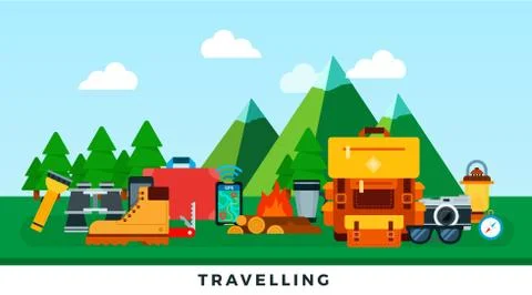 Traveling. Mountain trip. Vector flat illustrations. Beautiful mountain scenery Illustrazione stock
