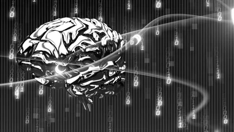 Traveling node initiating pulses while chrome brain floating, rotating, 動画素材 334337892