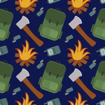 Traveling pattern with backpack, fire, axe and lighter Stock Illustration