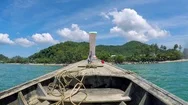 Traveling On Wooden Thai Traditional Long Tail Boat. Front Side Of The Boat View Stock Footage